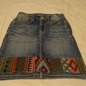 Miss Me Denim Skirt with Tribal Pattern